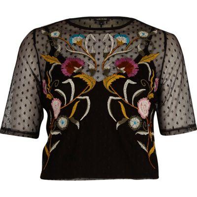 River Island Womens Dobby Mesh Embroidered Cropped T-shirt