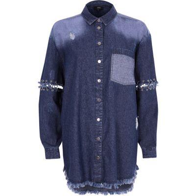 River Island Womens Split Ring Sleeve Denim Shirt