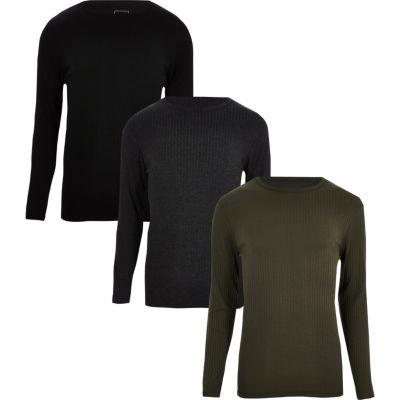 River Island Mens Rib Slim Fit Long Sleeve T-shirts Pack
