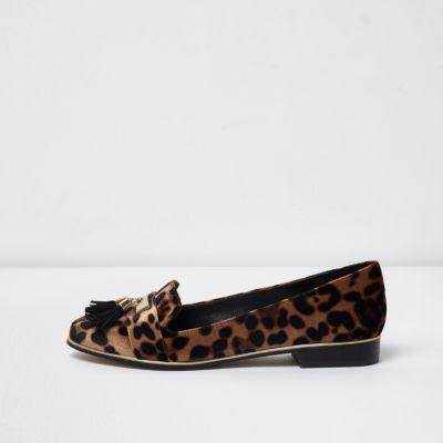 River Island Womens Leopard Print Tassel Vlevet Loafers