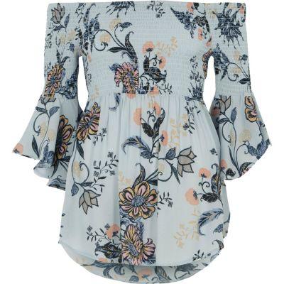 River Island Womens Floral Shirred Bardot Bell Sleeve Top