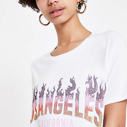 River Island Womens White Flame Sequin Boyfriend T-shirt