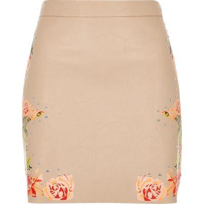 River Island Womens Blush Faux Leather Floral Mini Skirt