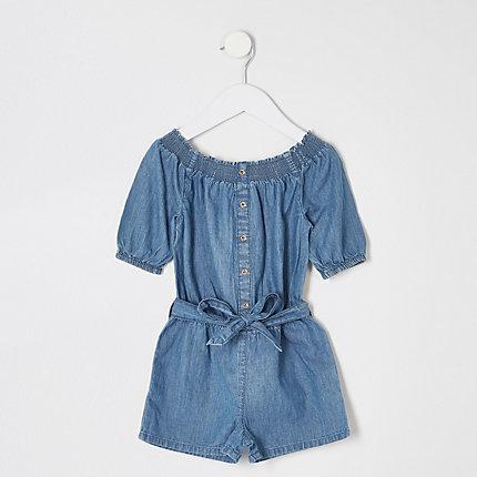 River Island Mini Girls Bardot Denim Playsuit