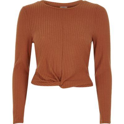 River Island Womens Brown Ribbed Twist Front Long Sleeve Top