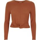 River Island Womens Brown Ribbed Twist Front Long Sleeve Top
