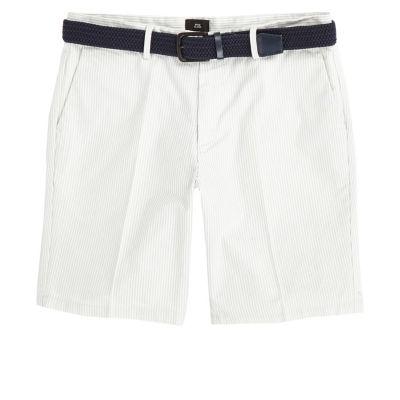 River Island Mens White Stripe Belt Detail Slim Fit Shorts