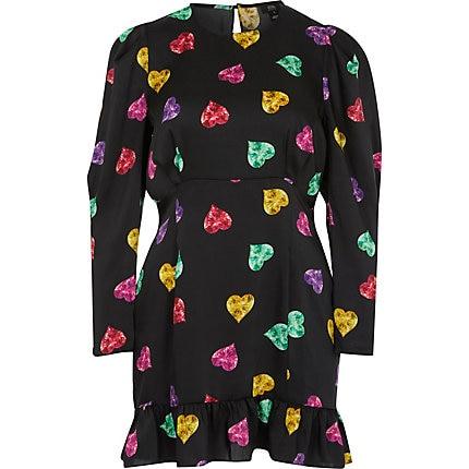 River Island Womens Petite Heart Print Ruched Mini Dress