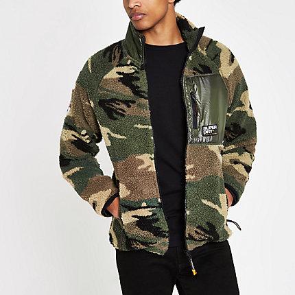 River Island Mens Superdry Camo Zip Up Fleece Jacket