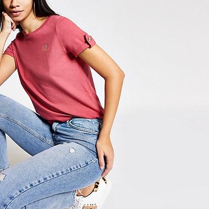 River Island Womens Ri Embroidered Rolled Sleeve T-shirt