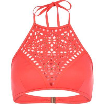 River Island Womens Laser Cut Studded High Apex Bikini Top