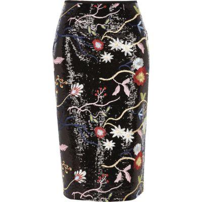 River Island Womens Sequin Floral Embroidered Pencil Skirt