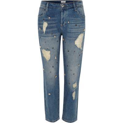 River Island Womens Denim Embellished Boyfriend Jeans