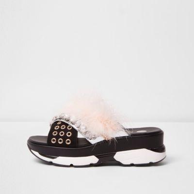 River Island Womens Nude Fluffy Embellished Sporty Sandals