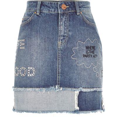 River Island Womens Mid Wash Slogan Patch Denim Mini Skirt