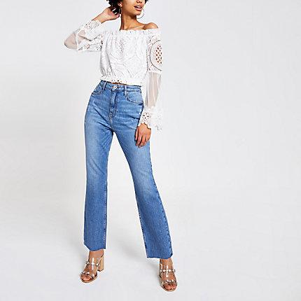 River Island Womens White Lace Mesh Bardot Top