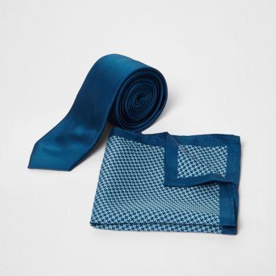 River Island Mensblue Pupstooth Print Tie And Pocket Square