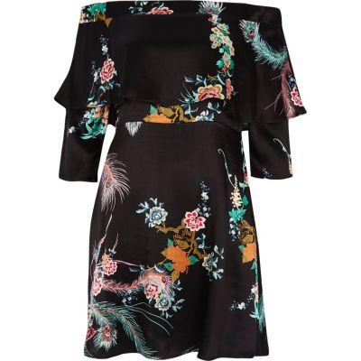 River Island Womens Oriental Print Deep Frill Bardot Dress