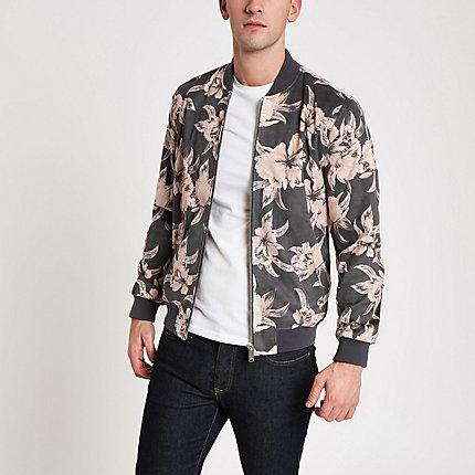 River Island Mens Floral Faux Suede Bomber Jacket
