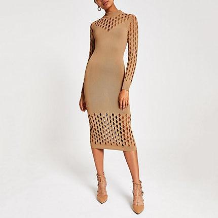 River Island Womens Knitted Mesh Long Sleeve Bodybon Dress