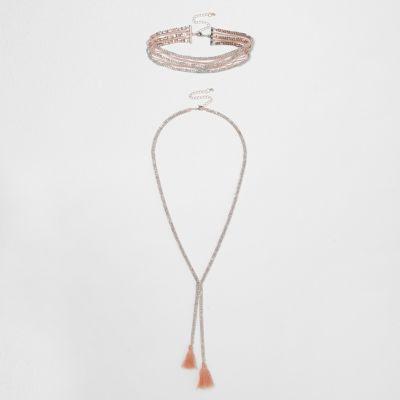 River Island Womens Rose Gold Tone Rhinestone Tassel Choker Set