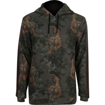 River Island Mens Muscle Fit Tape Tiger Print Hoodie