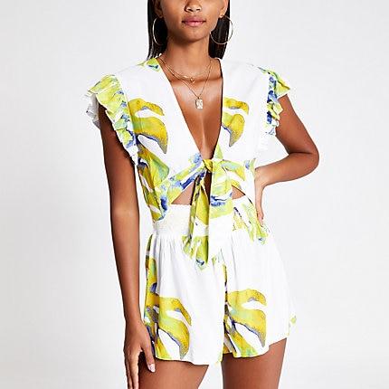 River Island Womens White Floral Tie Front Playsuit