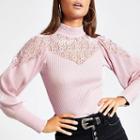River Island Womens Lace High Neck Long Sleeve Ribbed Top