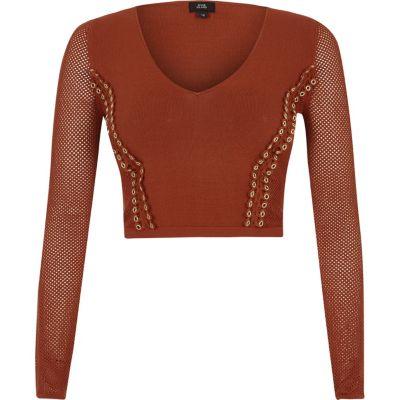 River Island Womens Eyelet Pointelle Knit V Neck Crop Top