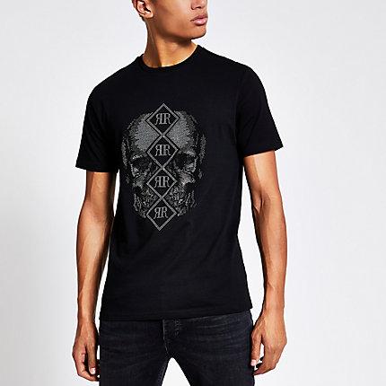 River Island Mens Skull Ri Diamante Slim Fit T-shirt
