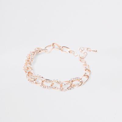 River Island Womens Rose Gold Rhinestone Chain Link Bracelet