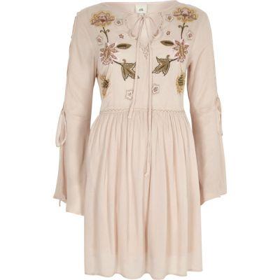 River Island Womens Embroidered Flared Sleeve Smock Dress
