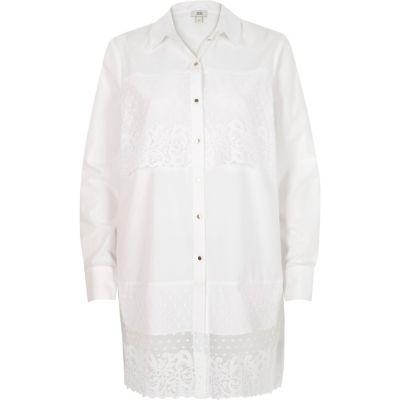 River Island Womens White Lace Panel Longline Shirt