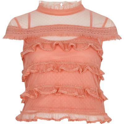 River Island Womens Petite Mesh Frill Cap Sleeve Top