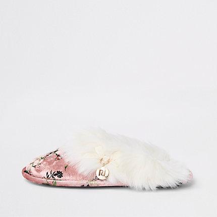 River Island Womens Floral Print Faux Fur Mules
