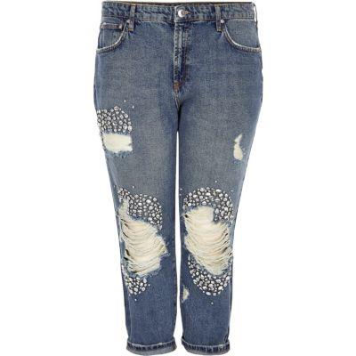 River Island Womens Plus Embellished Ripped Boyfriend Jeans