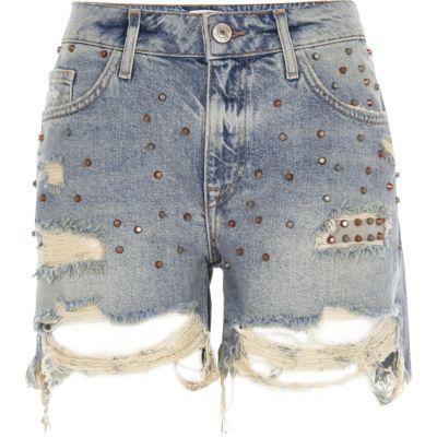 River Island Womens Studded Ripped Denim Boyfriend Shorts