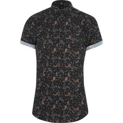 River Island Mens Paisley Muscle Fit Short Sleeve Shirt