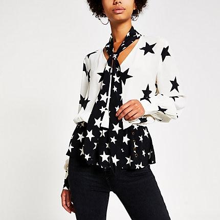 River Island Womens Star Print Tie Neck Blouse