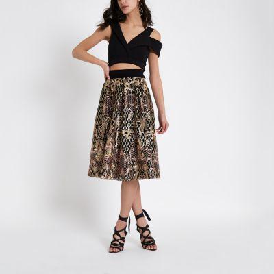 River Island Womens Sequin Embroidered Midi Skater Skirt