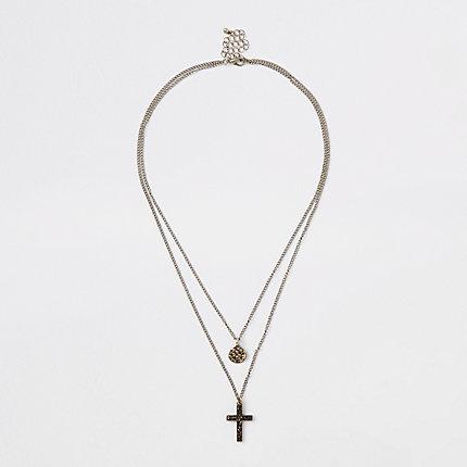 River Island Mens Gold Tone Disc And Cross Necklace