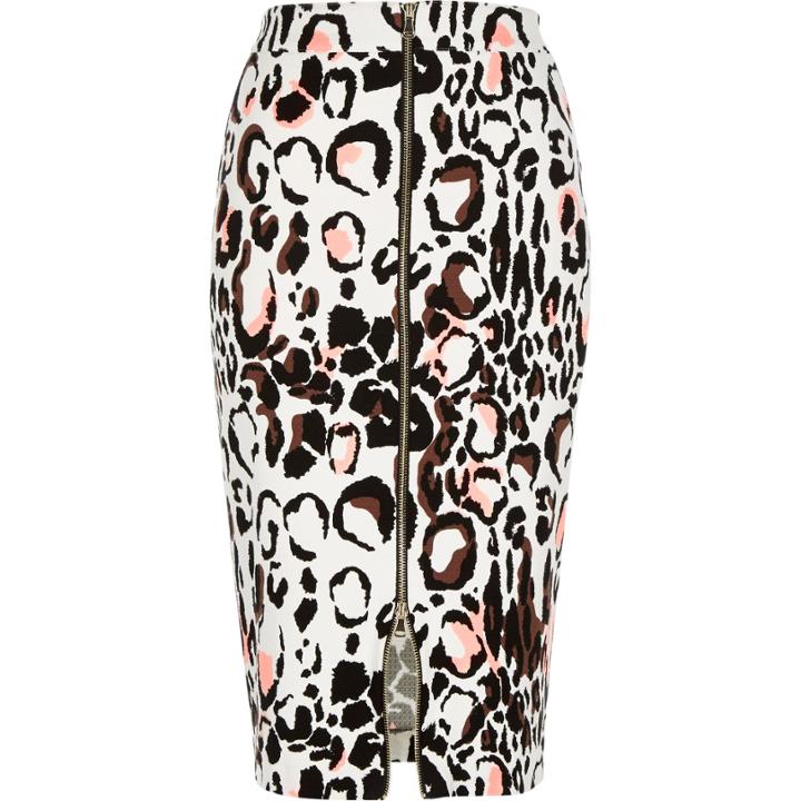 River Island Womens White Animal Print Zip Front Pencil Skirt