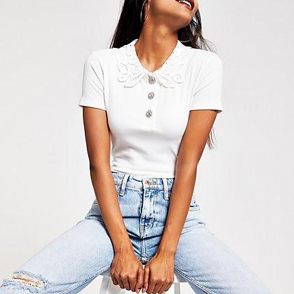 River Island Womens White Lace Collar Diamante Button T-shirt