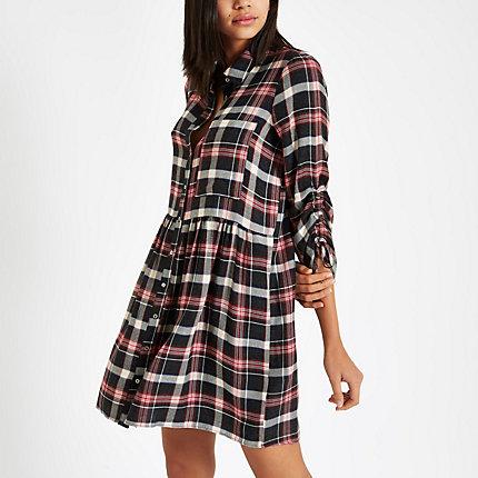 River Island Womens Check Ruched Sleeve Shirt Dress