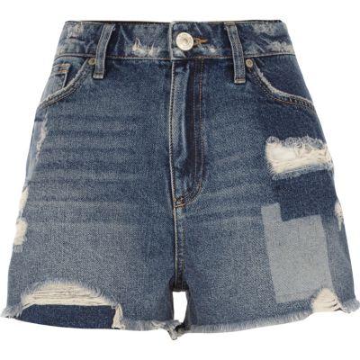 River Island Womens Wash Distressed Patch Denim Shorts