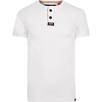 River Island Mens Superdry White Grandad Collar T-shirt