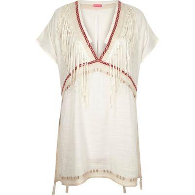 River Island Womens White Tassel Cover-up Caftan