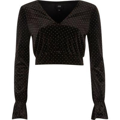 River Island Womens Studded Velvet Long Sleeve Crop Top