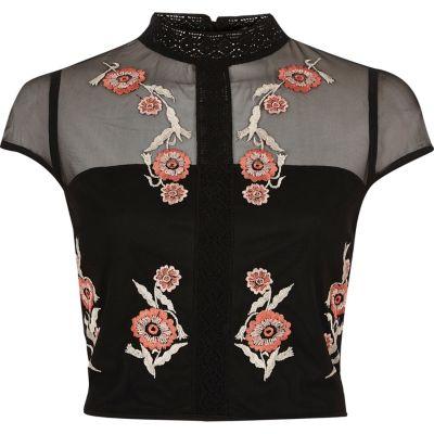 River Island Womens Floral Embroidered Cap Sleeve Crop Top