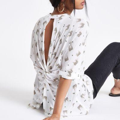 River Island Womens White Tiger Print Twist Back Blouse